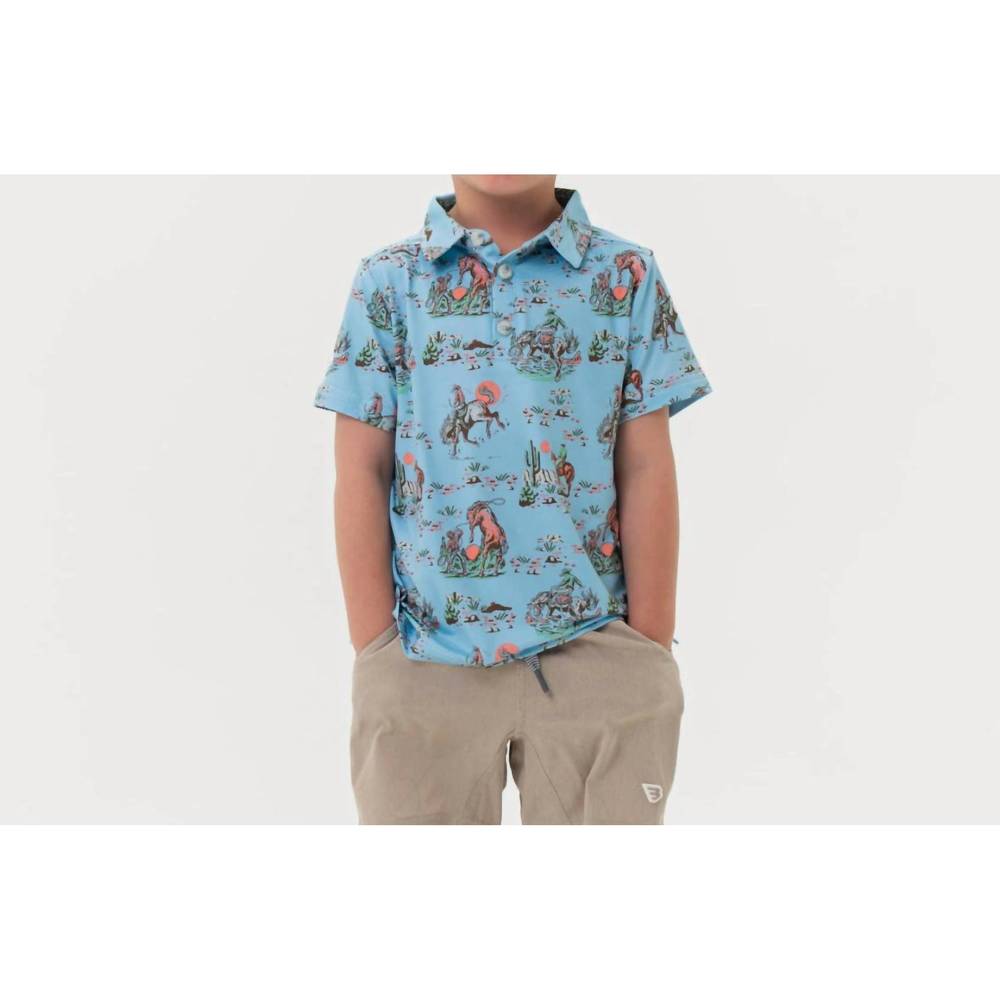 NEW BURLEBO boy's youth perf polo cowboy up in blue multi